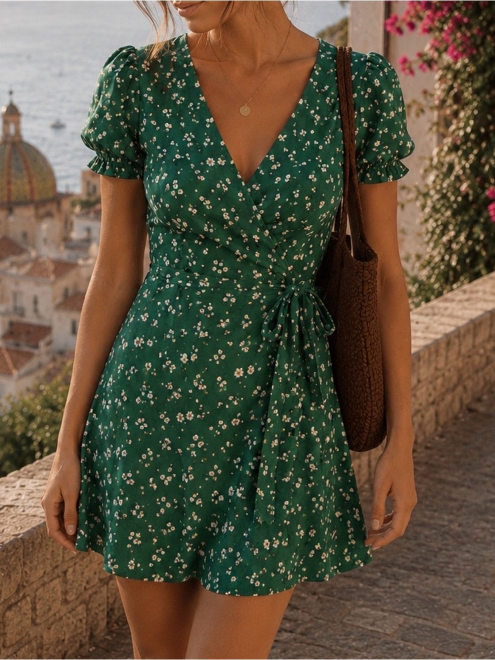 NWOT Faithful the Brand Wrap Mira Mini Floral Dress Green Size 8